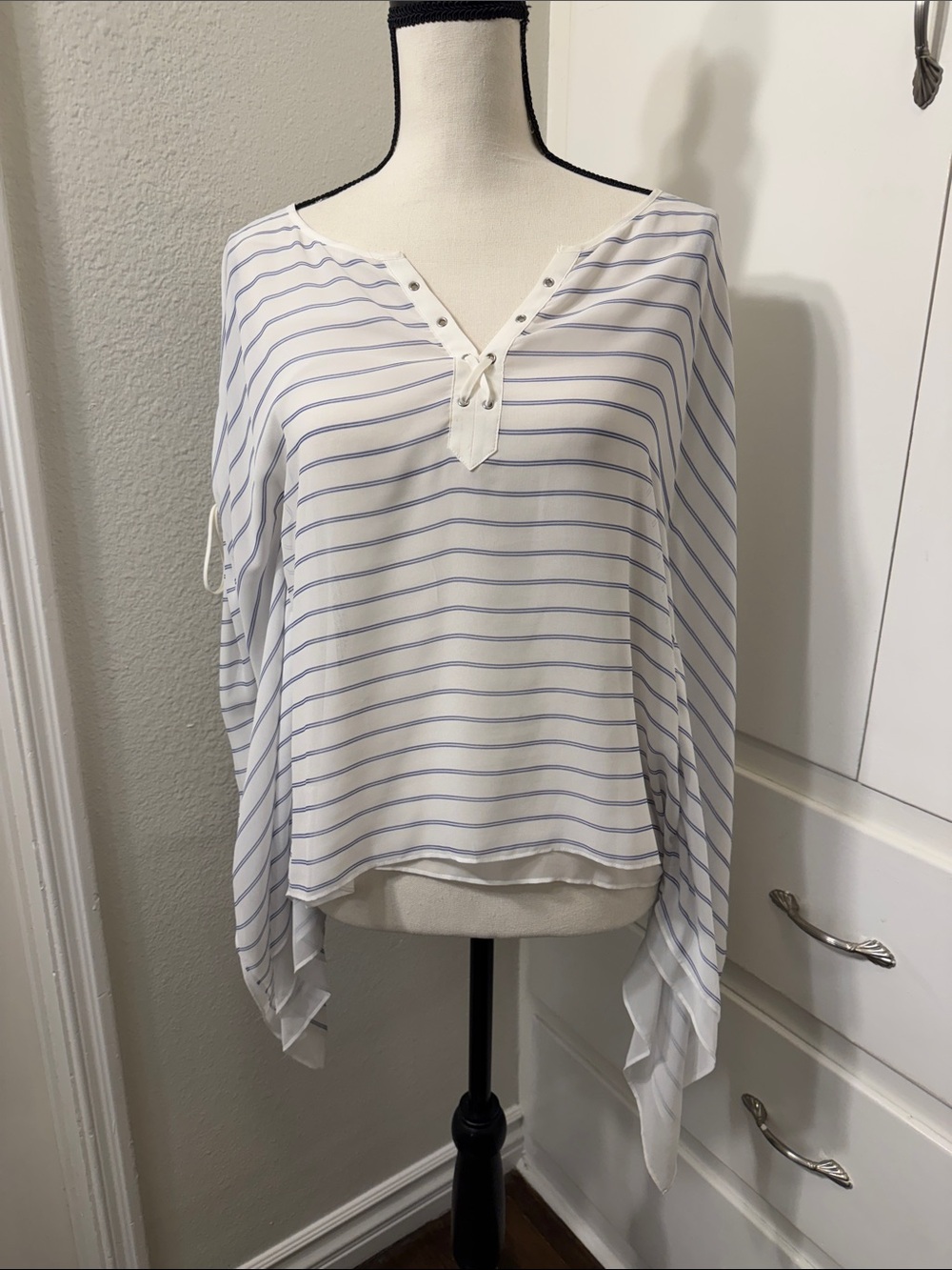 White House Black Market White Top with Blue Stripes